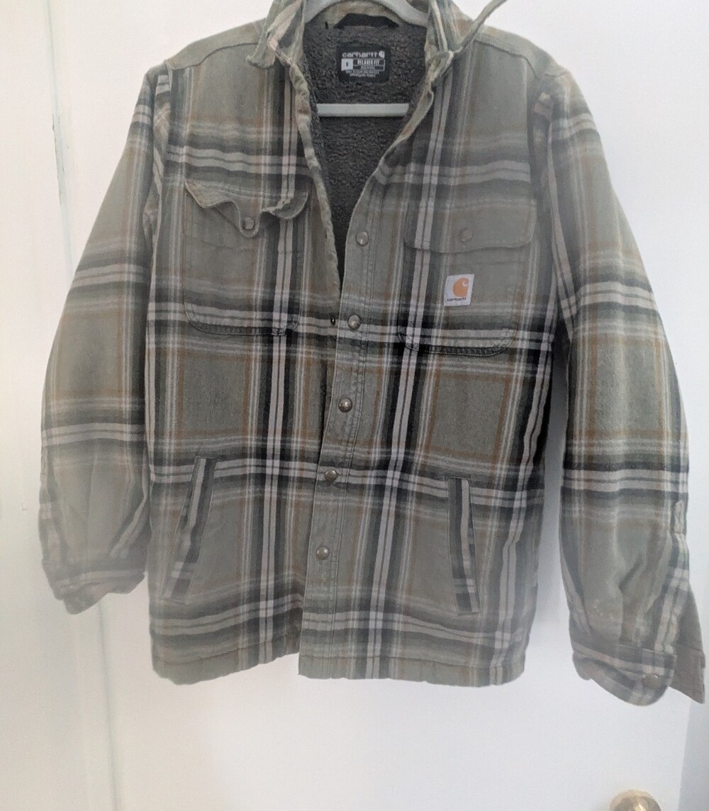 Carhartt Sherpa-Lined Plaid Work Jacket - Olive/Tan SMALL